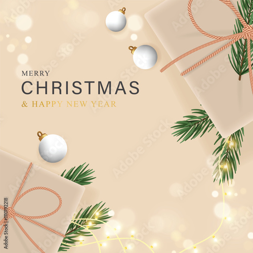 Christmas white background with realistic 3d decorative design elements. Festive Xmas composition flat top view of white gift boxes, green tree branches. Vector illustration