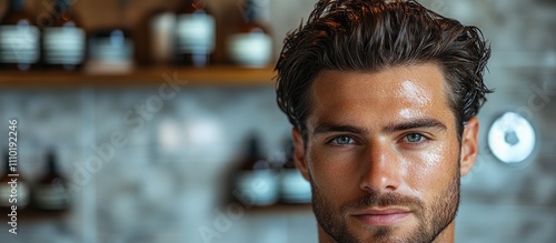 Hairdresser styling men's hair in a modern bathroom setting with stylish grooming products in the background. photo