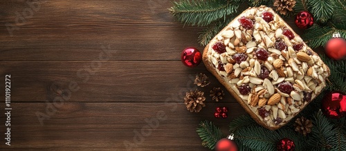 Festive homemade fruitcake adorned with nuts and seasonal decorations on a rustic wooden background for holiday celebrations photo