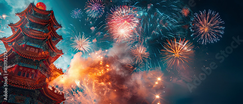 Colorful fireworks illuminate ancient pagoda during lively festival celebration in a vibrant night sky