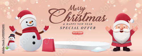 Christmas background with empty podium for promotions. Round stage for presentation sale product. Stage pedestal or platform in snow with Xmas theme, snowman and Santa. Vector illustration