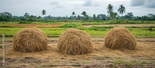 Harvested rice straw bales in rural landscape ready for sale as animal feed with lush green fields and palm trees in the background photo