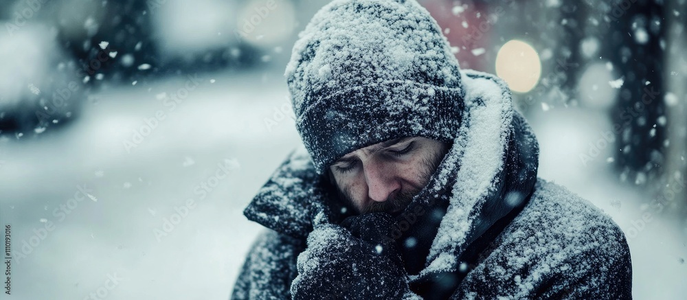 Contemplative man bundled up in winter clothing amid falling snowflakes in a chilly urban setting. Contemplative man bundled up in winter clothing amid falling snowflakes in a chilly urban setting.