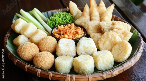 Traditional Malaysian kerepek platter featuring a variety of fried snacks and vegetables served on a woven basket. photo