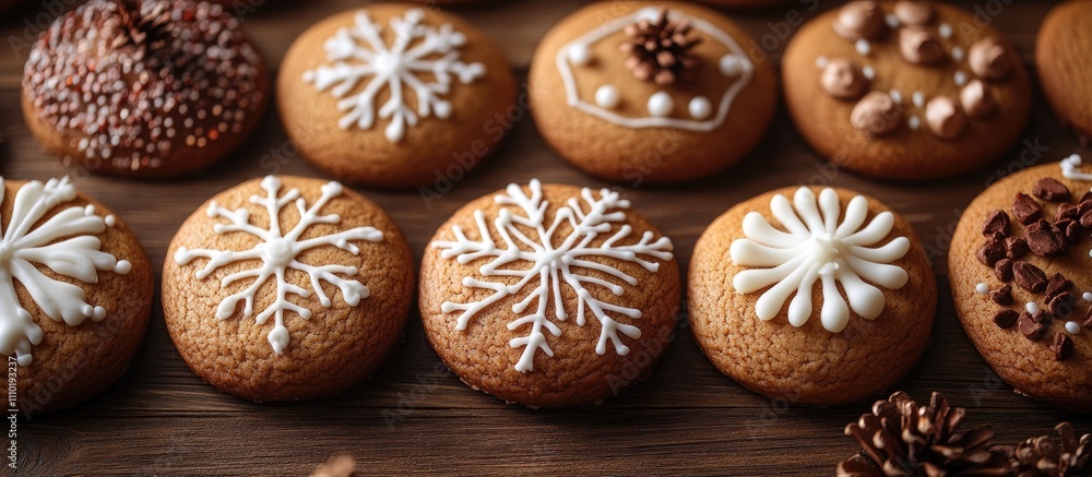 Decoratively iced homemade gingerbread cookies arranged on a rustic wooden table for Christmas festivities Decoratively iced homemade gingerbread cookies arranged on a rustic wooden table for Christmas festivities