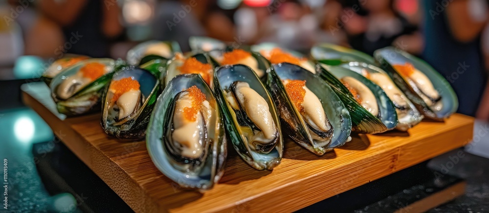 Delicious green lipped mussels topped with cheese sauce bell pepper parmesan and tobiko served on a wooden platter in a vibrant setting Delicious green lipped mussels topped with cheese sauce bell pepper parmesan and tobiko served on a wooden platter in a vibrant setting