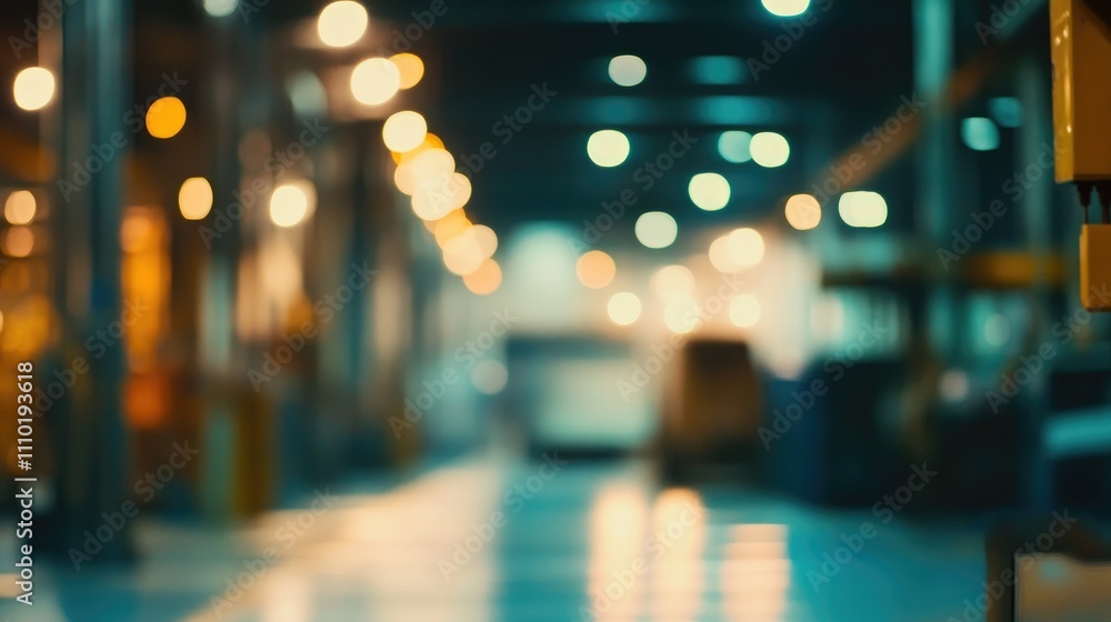 Industrial manufacturing facility with blurred background and soft bokeh lights creating a modern atmosphere for presentations and advertisements Industrial manufacturing facility with blurred background and soft bokeh lights creating a modern atmosphere for presentations and advertisements