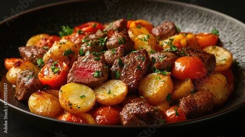 Savory beef medley with roasted potatoes and cherry tomatoes garnished with herbs on a stylish plate against a contrasting background