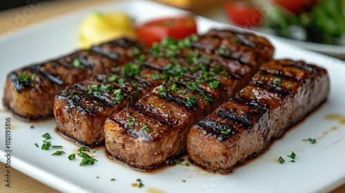 Grilled meat skewers garnished with herbs served on a white plate with fresh vegetables and lemon slices