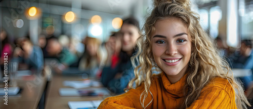 Wallpaper Mural Young woman smiling in a classroom filled with engaged students during a group learning session Torontodigital.ca