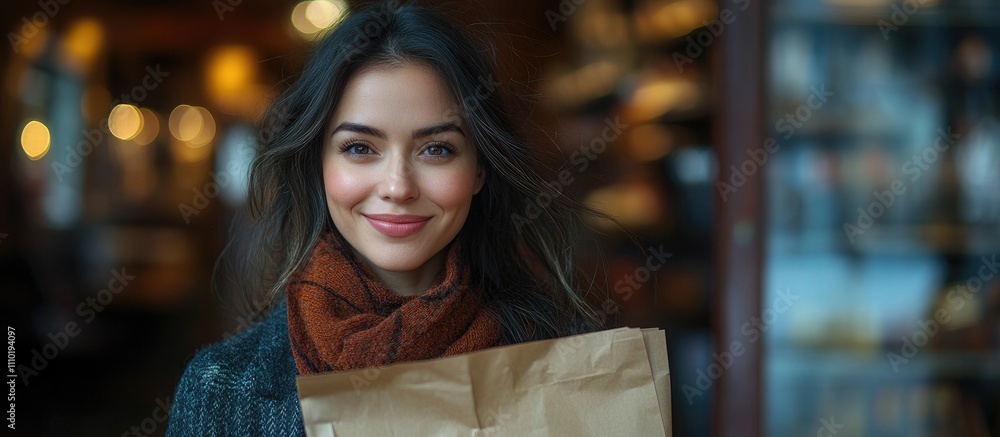 Cheerful Latin woman welcoming food delivery at her home doorway holding a brown paper bag with a warm smile and cozy atmosphere Cheerful Latin woman welcoming food delivery at her home doorway holding a brown paper bag with a warm smile and cozy atmosphere
