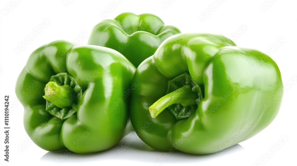 Fresh green bell peppers arranged on a white background showcasing healthy produce for culinary and dietary use. Fresh green bell peppers arranged on a white background showcasing healthy produce for culinary and dietary use.