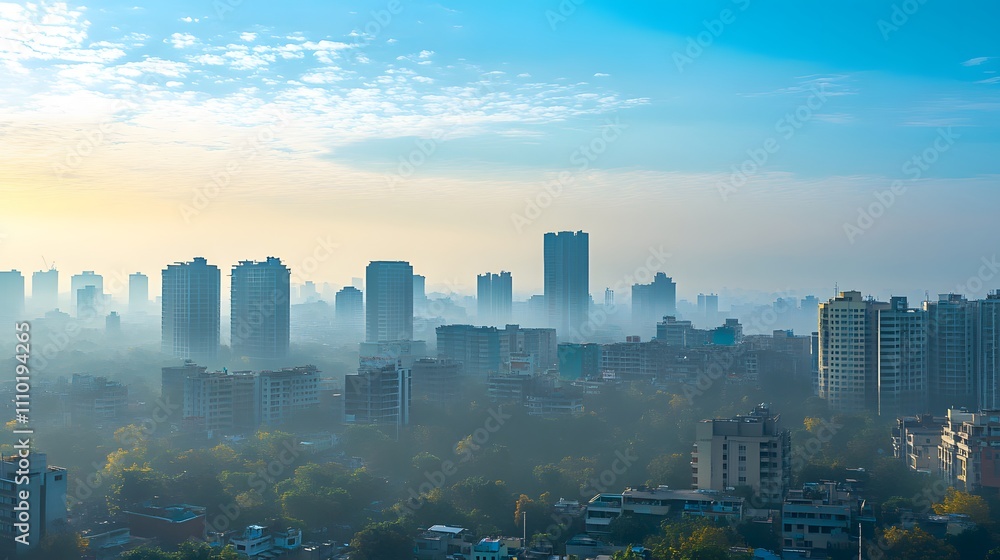 Obraz premium City skyline covered in morning mist at dawn with soft blue and orange hues illuminating the buildings