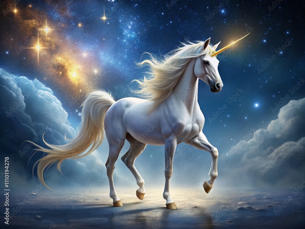 Fototapeta premium A Majestic White Unicorn with a Golden Horn Standing Among Stars, Silhouette Photography in a Magical Night Sky, Ideal for Fantasy and Mythology Themes