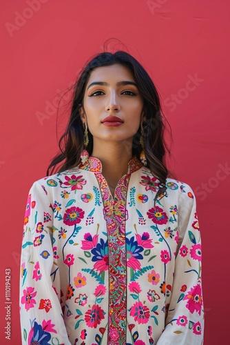A female model in a casual kurti with a high-low hem and vibrant patterns, against a solid coral pink background, reflecting a playful and trendy everyday style.