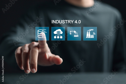 Smart industry 4.0 concept, Data Insight Analysis business industry. Person touching physical system on virtual screen. smart industrial revolution, automation, robot assistants, cloud and big data. photo