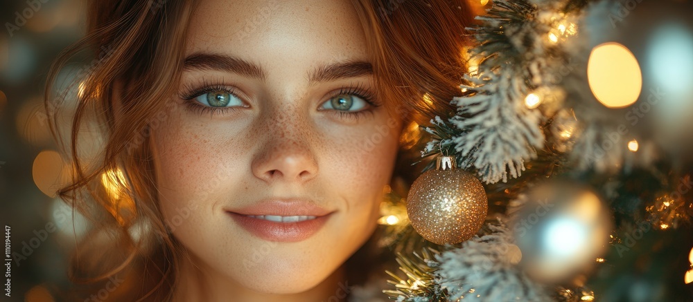 Joyful woman by Christmas tree adorned with golden and silver ornaments warm evening glow celebrating the holiday spirit at home Joyful woman by Christmas tree adorned with golden and silver ornaments warm evening glow celebrating the holiday spirit at home