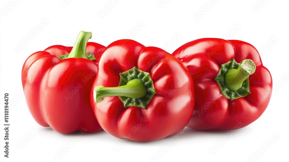Vibrant fresh red bell peppers grouped together on a clean white background highlighting their rich color and healthy appeal Vibrant fresh red bell peppers grouped together on a clean white background highlighting their rich color and healthy appeal