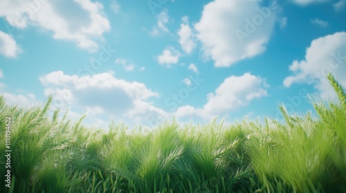 Lush green wheat field under a clear blue sky with fluffy clouds creating a serene and idyllic rural landscape scenario. photo