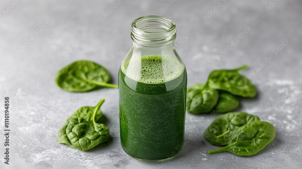 A smoothie spinach juice in a glass bottle A smoothie spinach juice in a glass bottle