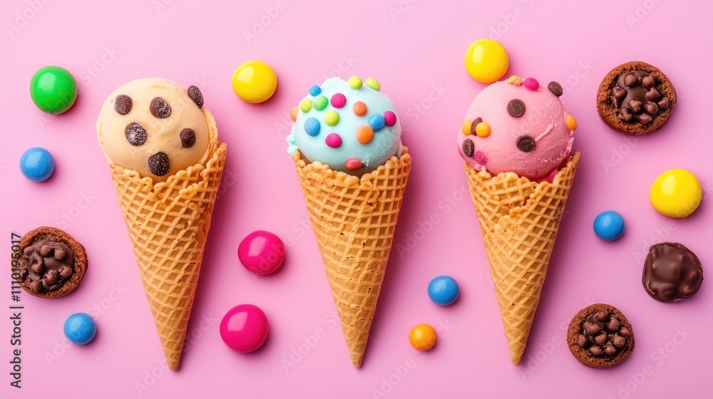 Colorful ice cream cones surrounded by candies cookies and chocolate balls on vibrant pink background Colorful ice cream cones surrounded by candies cookies and chocolate balls on vibrant pink background