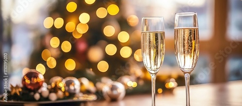 Festive couple toasting with champagne glasses in celebration of Christmas and New Year's Eve surrounded by holiday decorations and lights photo