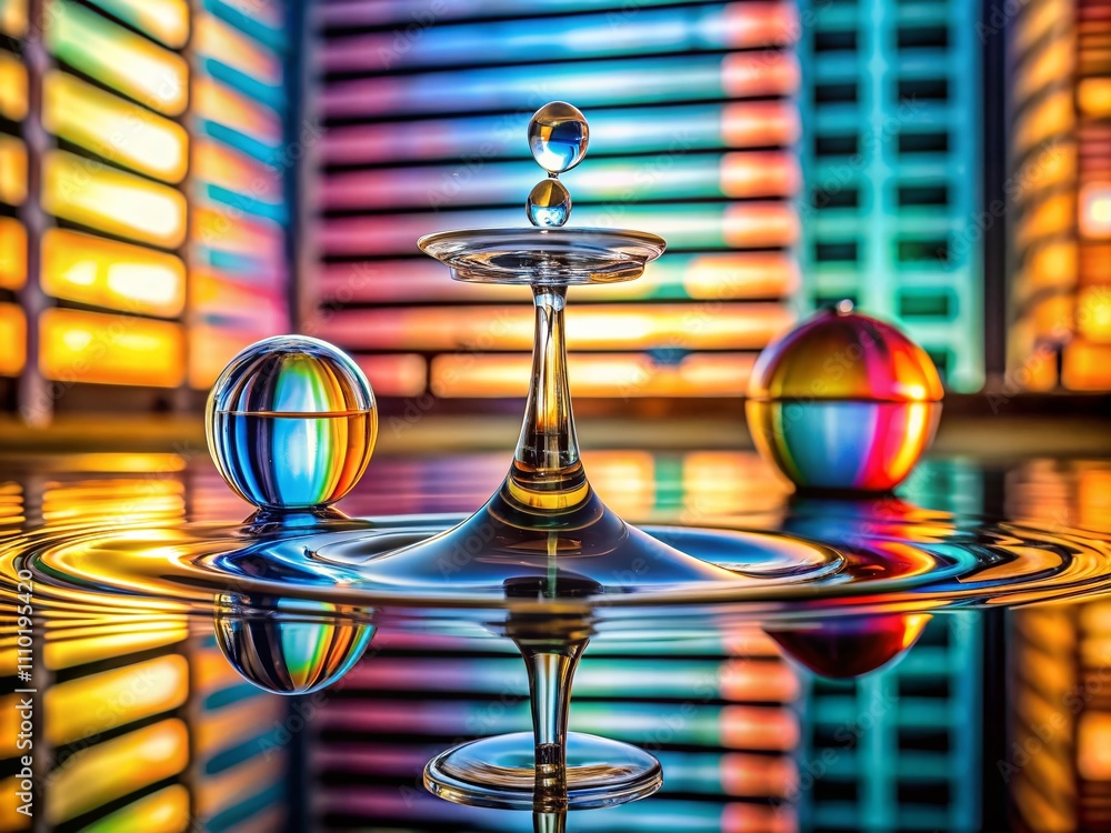 A mesmerizing capture of a drop of liquid gracefully falling into a series of small glass containers, showcasing the elegance of architecture and design in a unique and artistic manner.