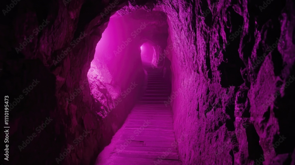 Obraz premium Mysterious tunnel in marble mines illuminated with purple light showcasing unique rock formations and captivating geological features