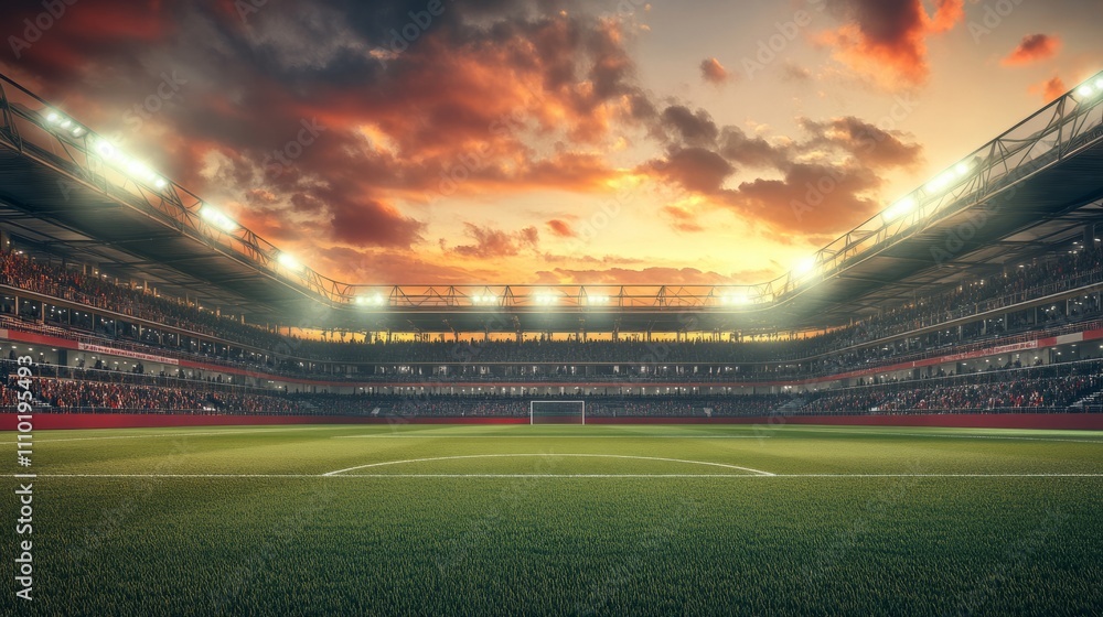 Soccer stadium at sunset, glowing lights illuminating the field and stands Soccer stadium at sunset, glowing lights illuminating the field and stands