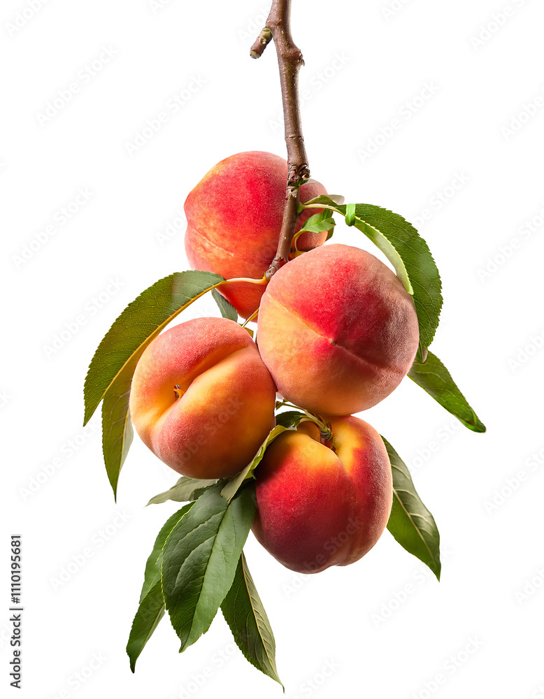 Fresh peaches and leaves hangs on tree branch Fresh peaches and leaves hangs on tree branch