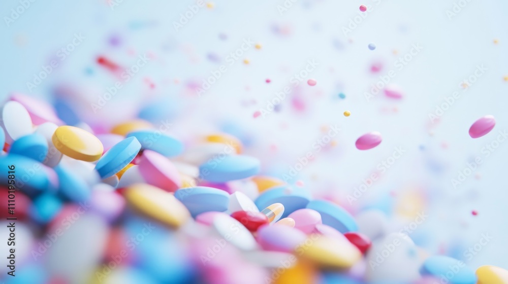 A colorful pile of pills with a blue pill in the middle A colorful pile of pills with a blue pill in the middle