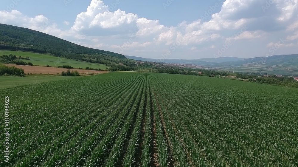 Vast green cornfield under blue skies in agricultural landscape with rolling hills and distant mountains in summer season Vast green cornfield under blue skies in agricultural landscape with rolling hills and distant mountains in summer season