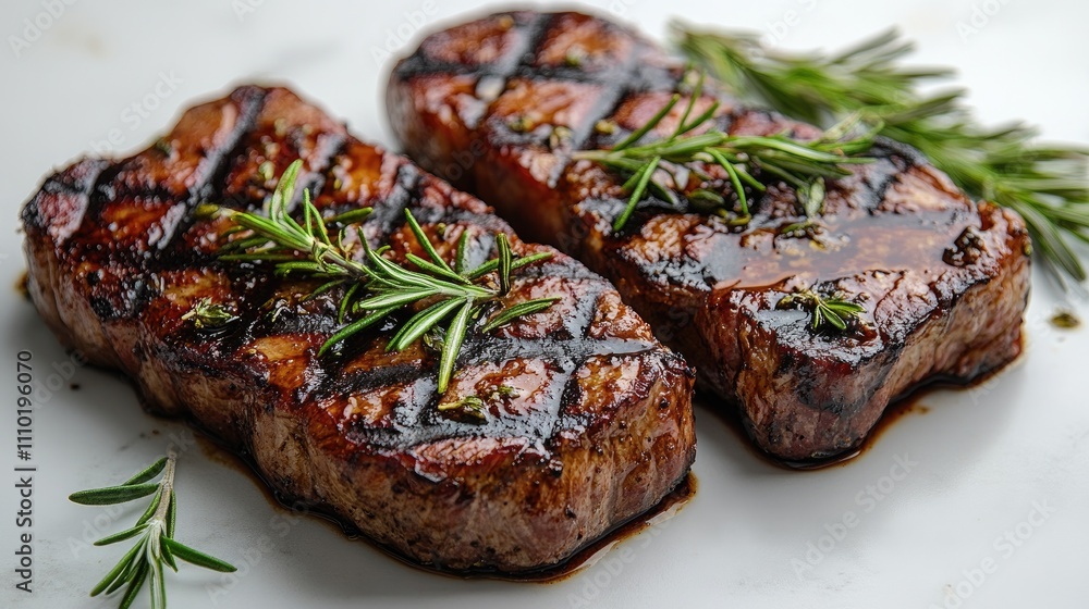 Grilled pork steak garnished with rosemary served on a white background showcasing delicious BBQ cuisine Grilled pork steak garnished with rosemary served on a white background showcasing delicious BBQ cuisine