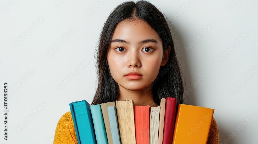 Young woman holding colorful books with a neutral expression against a plain white background showcasing her love for reading and education. Young woman holding colorful books with a neutral expression against a plain white background showcasing her love for reading and education.