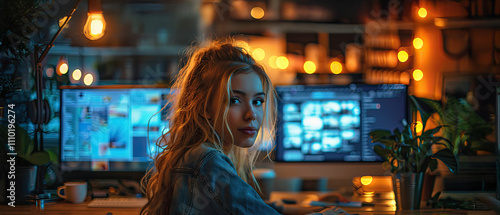 Young woman working in a cozy indoor office setup with multiple screens during the evening hours