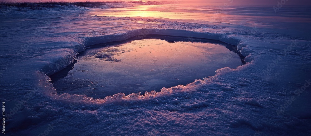 Serene winter landscape featuring a tranquil ice lake with a stunning sunset reflection and snow-covered surroundings. Serene winter landscape featuring a tranquil ice lake with a stunning sunset reflection and snow-covered surroundings.