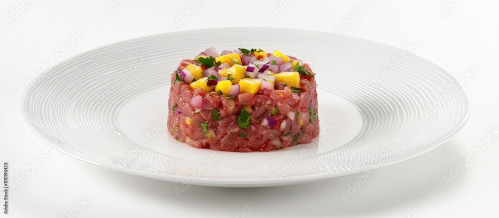 Gourmet tuna mango salad tartar with cilantro and purple onion elegantly presented on a white plate for culinary delights Gourmet tuna mango salad tartar with cilantro and purple onion elegantly presented on a white plate for culinary delights