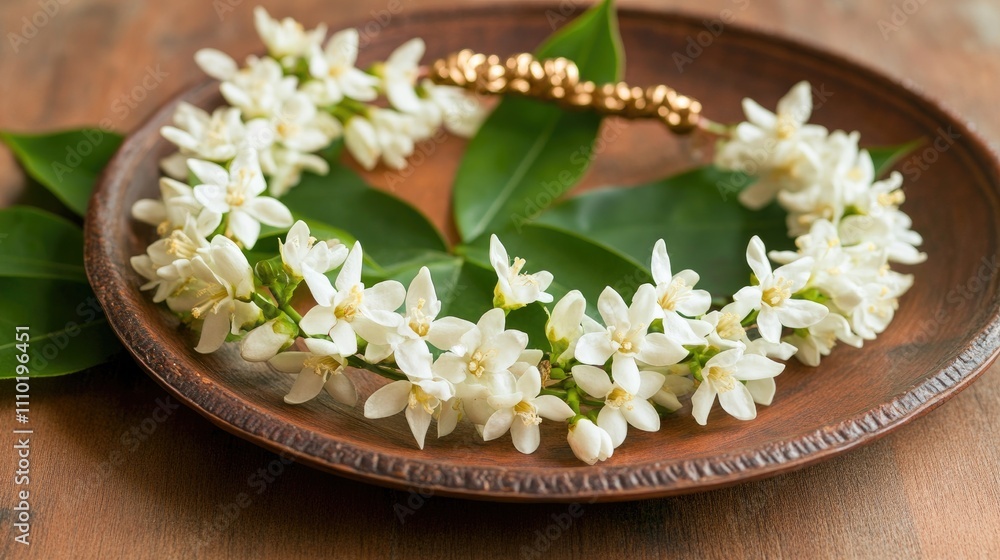 Jasmine garland on wooden plate symbolizing Mother's Day offering to monks or Buddha with green leaves backdrop Jasmine garland on wooden plate symbolizing Mother's Day offering to monks or Buddha with green leaves backdrop