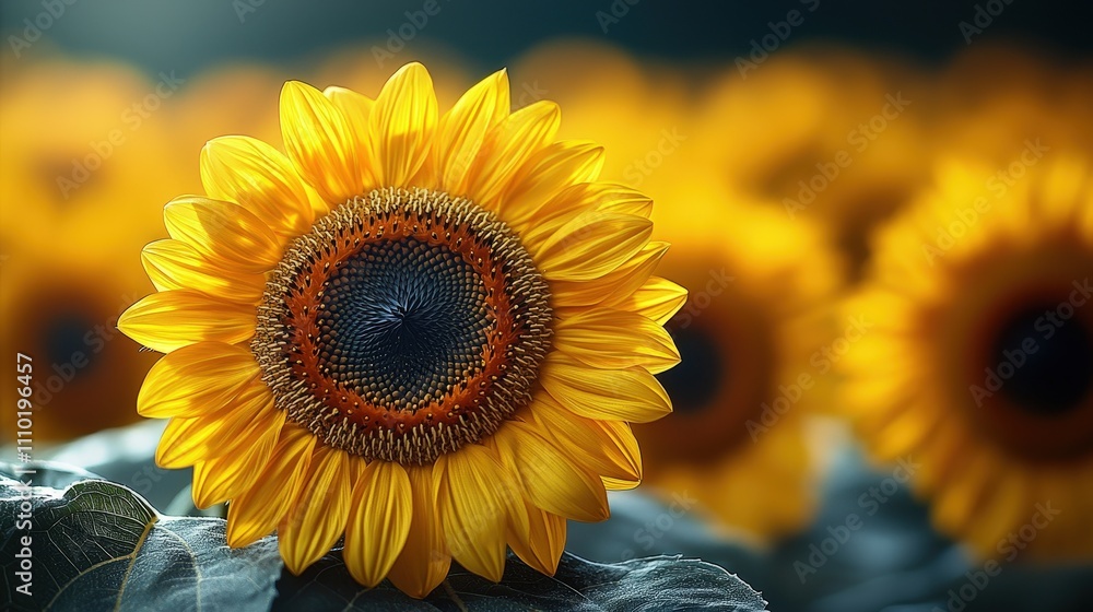 Fototapeta premium Vibrant sunflower bloom against a sea of soft focus blossoms