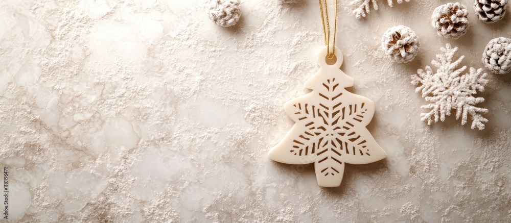 Engraved wooden Christmas tree ornament with holiday decorations on a snowy white background creating a festive atmosphere Engraved wooden Christmas tree ornament with holiday decorations on a snowy white background creating a festive atmosphere