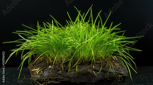 Hairy wood rush Luzula pilosa close-up showcasing dense green grass-like growth on dark soil against a contrasting black background photo