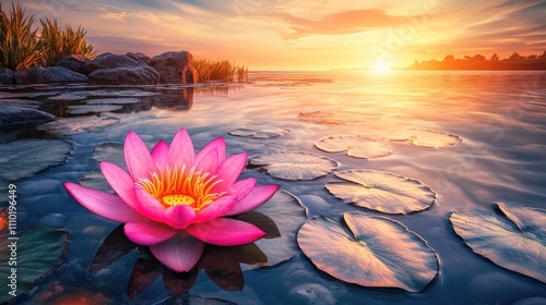 Serene Lotus Flower Blooming at Dusk with Golden Sunset Reflections over Tranquil Water Surface photo