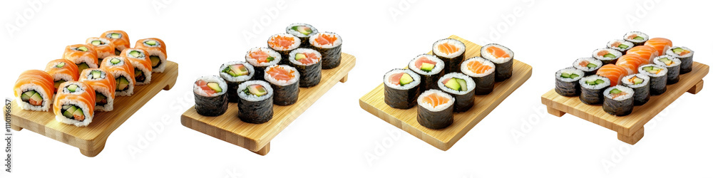 Sushi rolls placed on a wooden tray, isolated on a white background. Mix Collection PNG. Sushi rolls placed on a wooden tray, isolated on a white background. Mix Collection PNG.