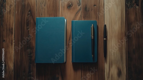 Marine blue notebook mockup set with pen displayed on rustic wooden backdrop for stylish stationery and branding concepts photo