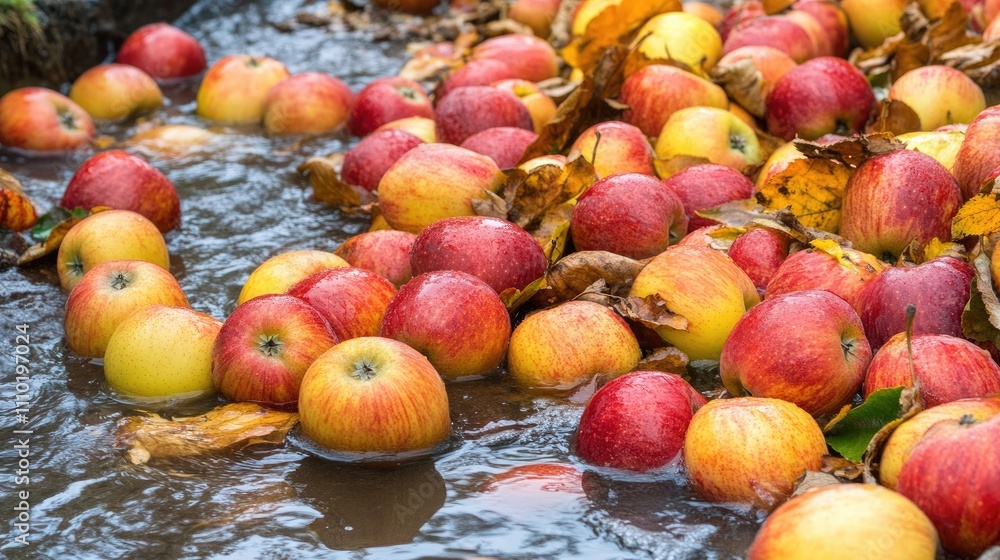 Mature apples scattered in a ditch surrounded by water and fallen leaves creating a picturesque autumn scene. Mature apples scattered in a ditch surrounded by water and fallen leaves creating a picturesque autumn scene.