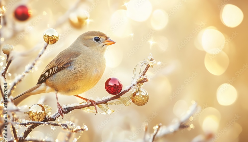 A small bird perched on a tree branch decorated with New Year's ornaments A small bird perched on a tree branch decorated with New Year's ornaments