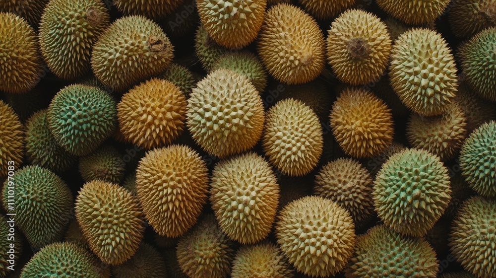 Fresh durian fruits piled at a vibrant market showcasing their distinctive spiky exterior in a tropical setting. Fresh durian fruits piled at a vibrant market showcasing their distinctive spiky exterior in a tropical setting.