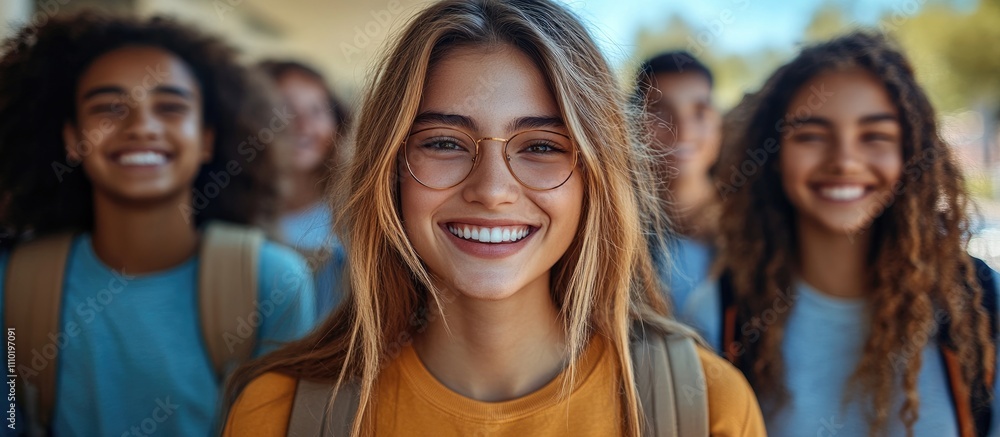 Joyful group of diverse teenagers smiling together outdoors celebrating friendship and happiness during a sunny day at school or campus Joyful group of diverse teenagers smiling together outdoors celebrating friendship and happiness during a sunny day at school or campus