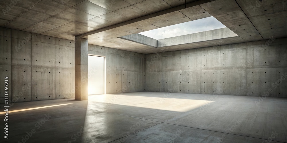 Minimalist Concrete Room with a Sunlit Opening in the Ceiling and a Doorway Leading to a Bright Outside Minimalist Concrete Room with a Sunlit Opening in the Ceiling and a Doorway Leading to a Bright Outside