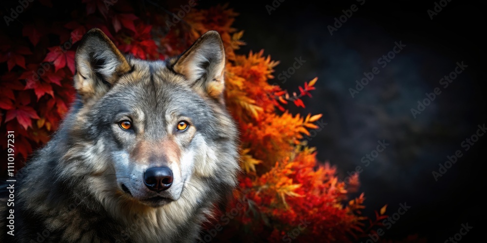 A lone wolf stares into the camera with a background of autumn leaves, a captivating portrait of wild beauty. A lone wolf stares into the camera with a background of autumn leaves, a captivating portrait of wild beauty.